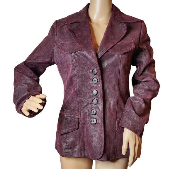 Guess Leather Jacket Burgundy With Black Metallic Shine Size Small - Picture 11 of 17